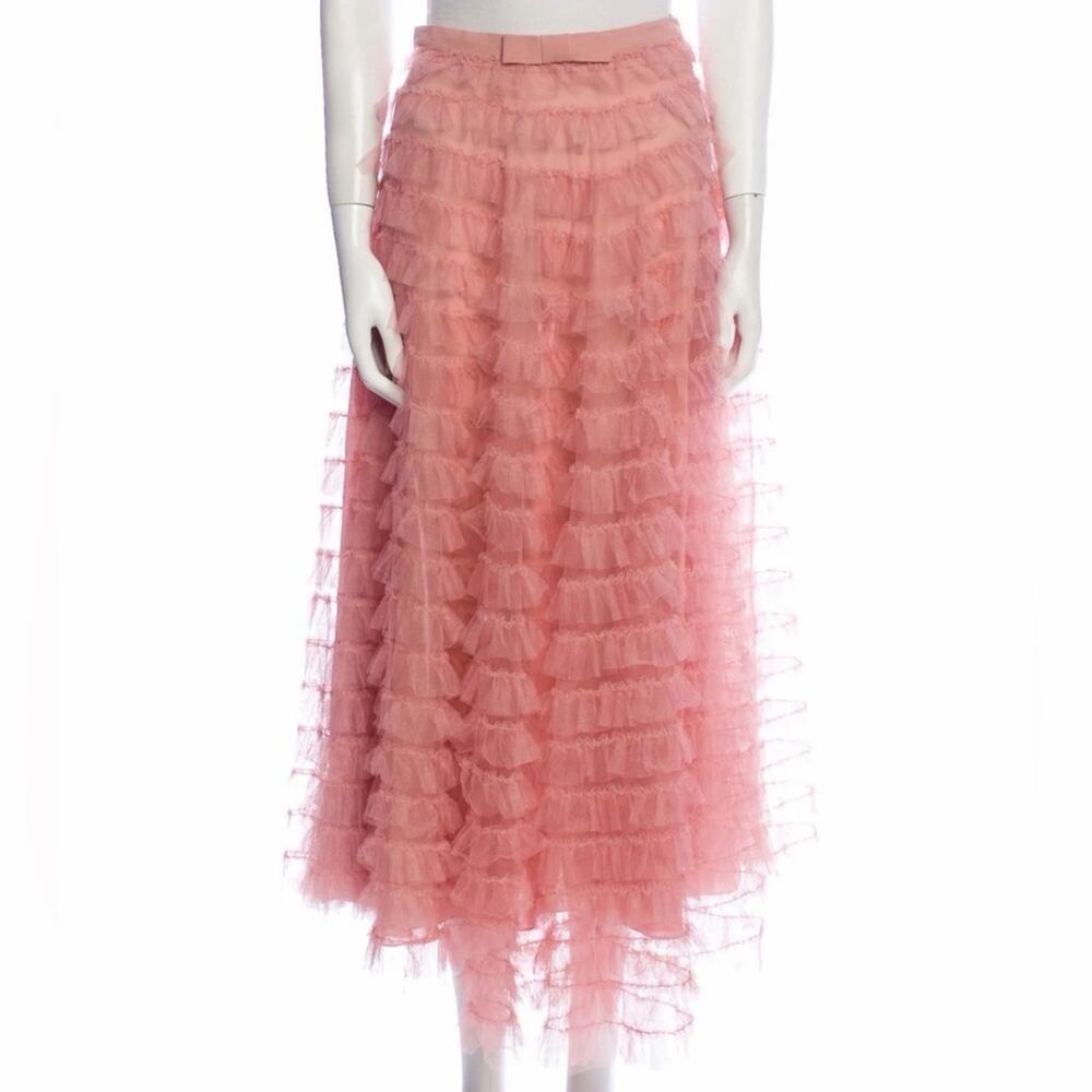 Christian Dior SS18 Pink Tulle Ruffle Midi Skirt IT 40 Twee Bow waist Authentic